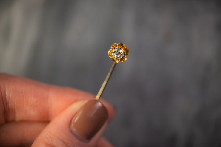 Victorian 14k 0.44 CT Old Mine Cut Diamond Stick Pin in Buttercup Floral Mount