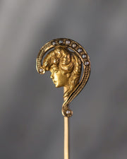 Art Nouveau 14k Seed Pearl Question Mark and Lady Early Feminist Stick Pin