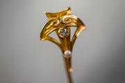 Art Nouveau 14k 0.04 CT Diamond & Lustrous Pearl Geometric Triangular Stick Pin