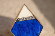Vintage 14k 4.27 CTW Lapis Lazuli, White Agate and Diamond Inlaid Kite Ring with Florentine Finish