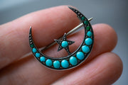 Victorian Sterling Silver 0.73 CTW Turquoise Crescent Moon and Five Pointed Star Brooch