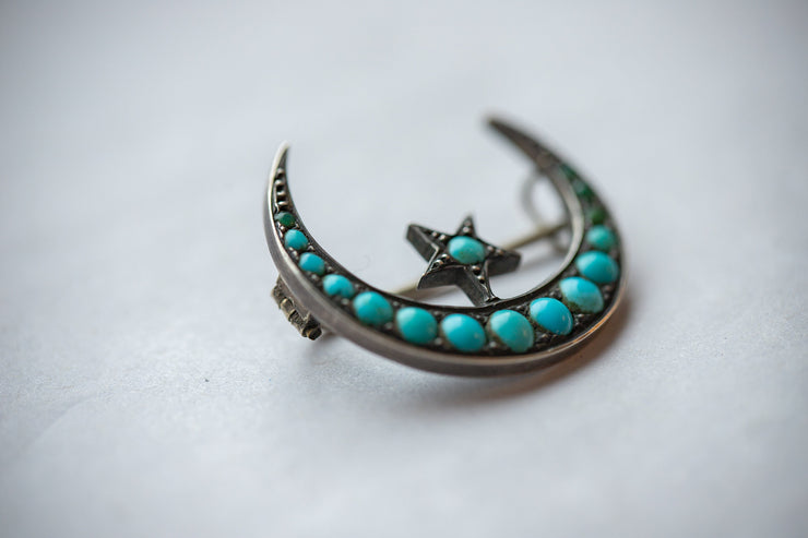 Victorian Sterling Silver 0.73 CTW Turquoise Crescent Moon and Five Pointed Star Brooch