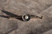 Victorian Sterling Over 10k Rose Gold 1.23 CTW Rose Cut Diamond & Button Pearl Flower Bar Pin
