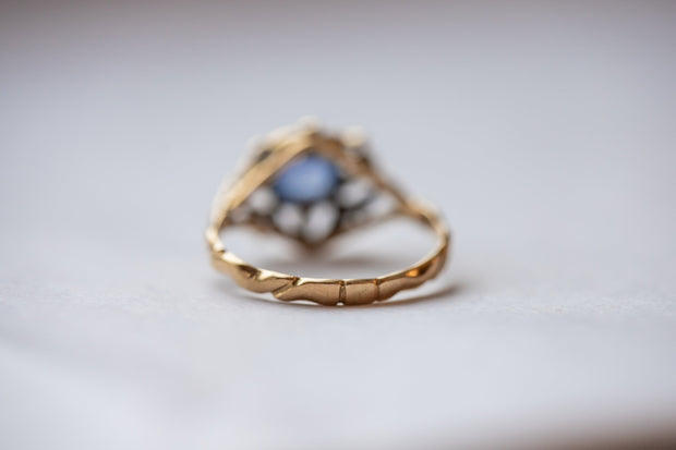 Victorian 14k 0.95 CTW Sapphire and Rose Cut Diamond Ring in the Renaissance Revival Style