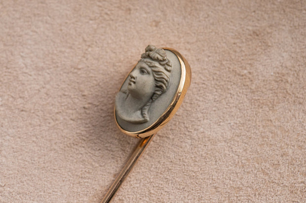 Victorian 14k 6.96 CT Lava Stick Pin with Carved Cameo of Greek Maenad