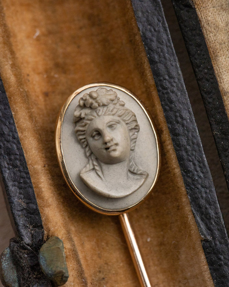 Victorian 14k 6.96 CT Lava Stick Pin with Carved Cameo of Greek Maenad