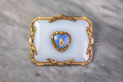Rare Georgian Pinchbeck 30 CT Chalcedony Glass & Enameled Heart in Hand Brooch for Independent Order of Odd Fellows