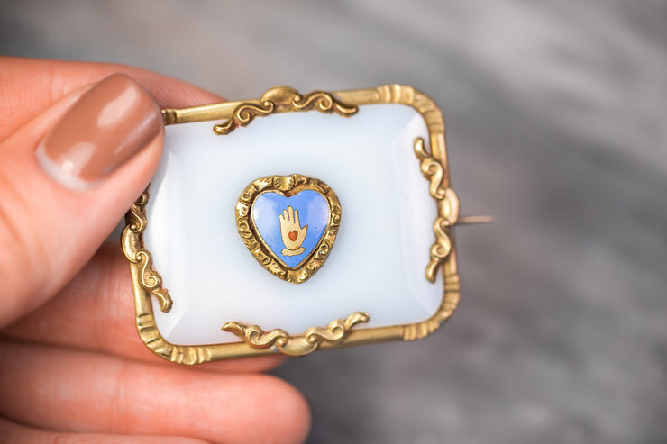 Rare Georgian Pinchbeck 30 CT Chalcedony Glass & Enameled Heart in Hand Brooch for Independent Order of Odd Fellows
