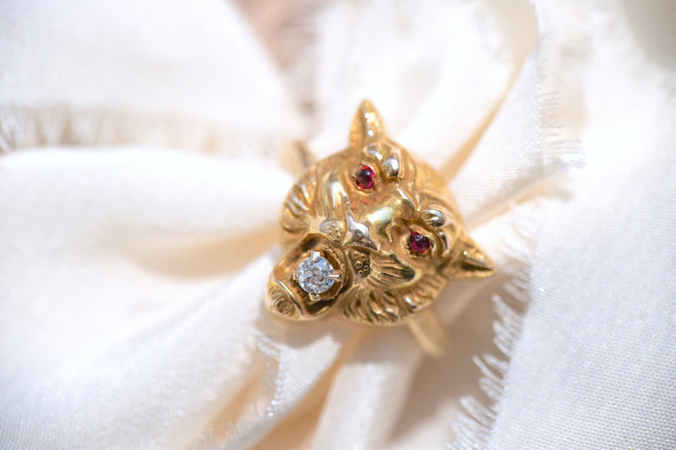 Victorian 14k 0.15 CTW Old European Diamond Roaring Lioness Ring with Pink Ruby Eyes
