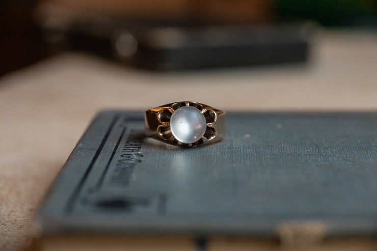 Victorian 10k 2.19 ct Chatoyant Moonstone Ring with Rosy Gold Belcher Setting by Irons & Russell