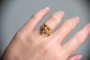 Victorian 14k 0.15 CTW Old European Diamond Roaring Lioness Ring with Pink Ruby Eyes