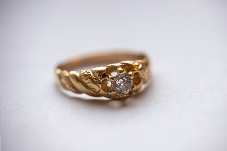Victorian 14K 0.42 CT Old European Cut Belcher Engagement Ring with Chased Fluted Shoulders