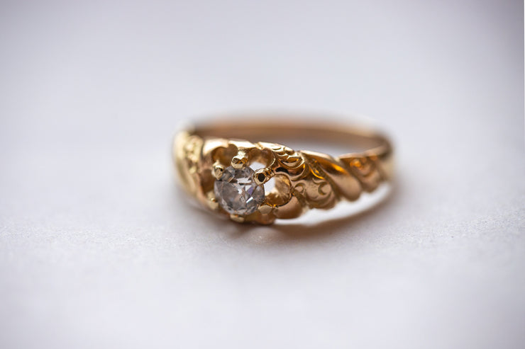 Victorian 14K 0.42 CT Old European Cut Belcher Engagement Ring with Chased Fluted Shoulders