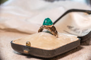 Vintage Scandinavian 14k 6.41 CT Bullet Cabochon Cut Emerald Paste Ring in Rosy Gold Foliate Mount