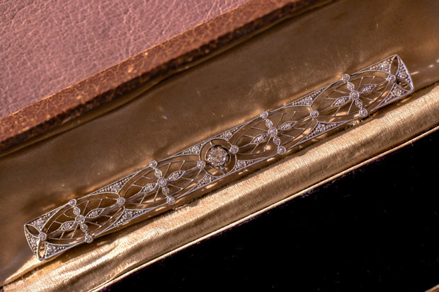 Edwardian Platinum 0.78 CTW Old European Cut Diamond Oversized Geometric Bar Brooch