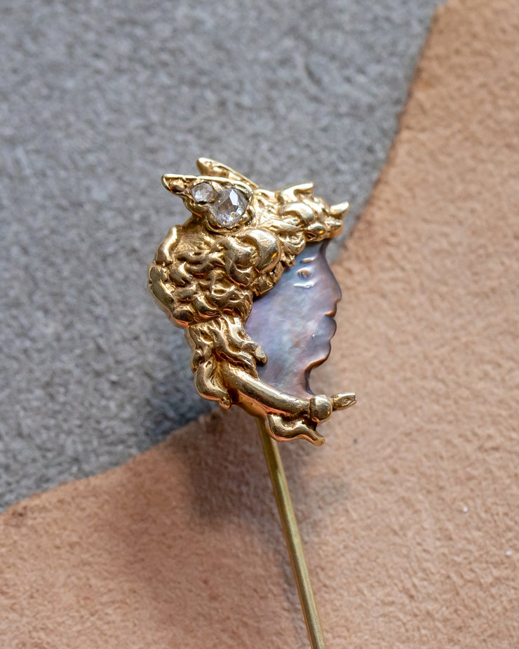 Victorian 14k 0.63 CTW Diamond & Mother of Pearl Medusa Figural Stick Pin
