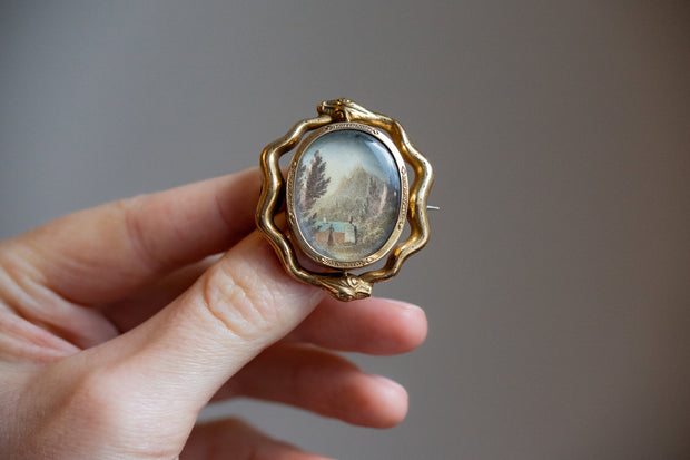 Rare Georgian 14k Double Ouroboros Mourning Brooch with Painted Landscape and Plaited Hair Locket