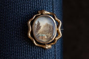 Rare Georgian 14k Double Ouroboros Mourning Brooch with Painted Landscape and Plaited Hair Locket