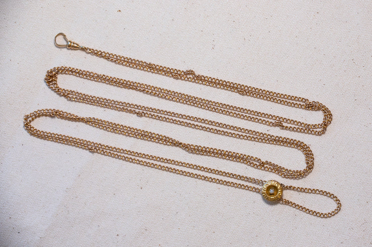 Victorian 10k Rosy Gold Gourmette Link Lorgnette Long Guard Chain with Repoussé Pearl Slide