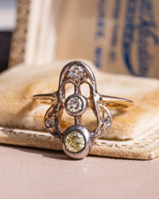 Antique 14k and Silver 0.38 CTW Mixed Cut Diamond Art Nouveau Ring with Featured Yellow Diamond