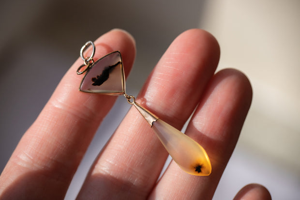 Victorian 12k 9.13 CTW Moss Agate Drop Pendant in Yellow and Rose Gold