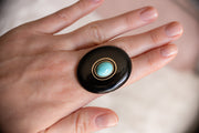 Victorian 14k 4.79 CT Turquoise and Black Enamel 15g Mourning Brooch with Rear Glass Locket