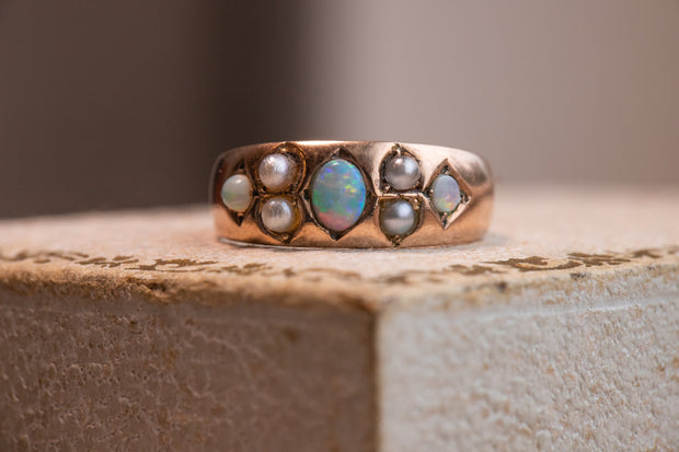 Late Victorian 9k Rose Gold 0.47 CTW Opal and Pearl Gypsy Band with Rare Chester Hallmark