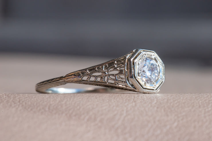Art Deco 18k 0.53 CT Transitional Cut Diamond Engagement Ring with Edwardian Filigree Mount