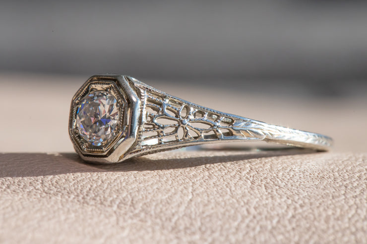 Art Deco 18k 0.53 CT Transitional Cut Diamond Engagement Ring with Edwardian Filigree Mount