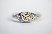 Art Deco 18k 0.68 CT VVS2 Fancy Yellow Old European Cut Diamond Solitaire with Etched Floral Filigree and Square Mount