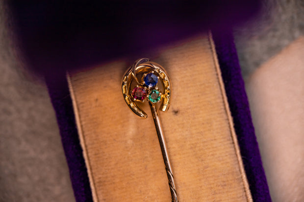 Victorian 15k 0.13 CTW Sapphire, Spinel and Emerald Shamrock Horseshoe Stick Pin