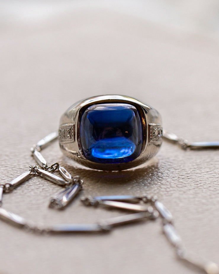 Art Deco 10k 10.12 CTW Modified Sugarloaf Cabochon Created Sapphire and Diamond Statement Ring