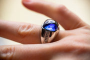 Art Deco 10k 10.12 CTW Modified Sugarloaf Cabochon Created Sapphire and Diamond Statement Ring