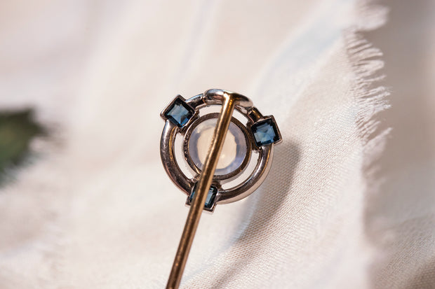 1910s Arts and Crafts Platinum & 14k 1.30 CTW Moonstone & Sapphire Concentric Stick Pin by Hans Brassler