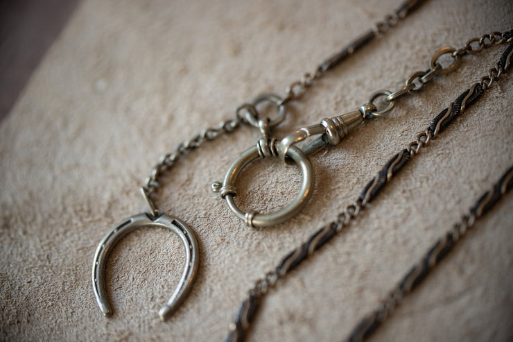 1900s 10k and German Silver Niello Chain Necklace with Horseshoe Fob