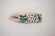 Late 1930s 14k 1.19 CTW Diamond and Emerald Three Stone Ring in Two Tone Art Deco Geometric Mounting