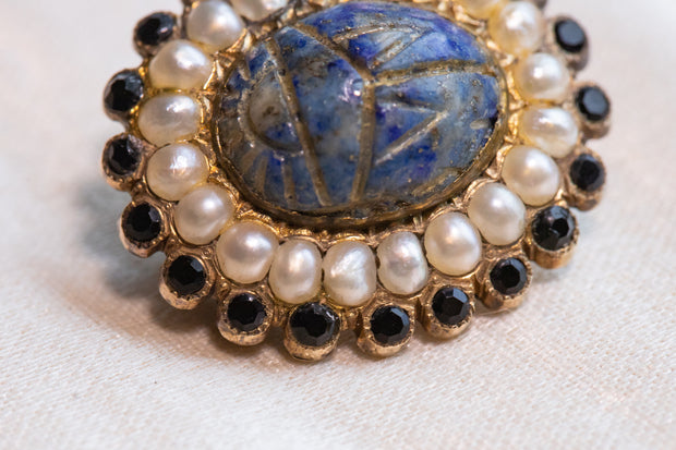 Victorian 12k 5.11 CTW Lapis, Jet & Pearl Scarab Mourning Brooch Engraved "NM April 13, 1849"