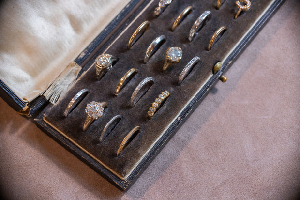 Victorian 24 Ring Presentation Case with Blue-Gray Velvet and Cream Silk Interior