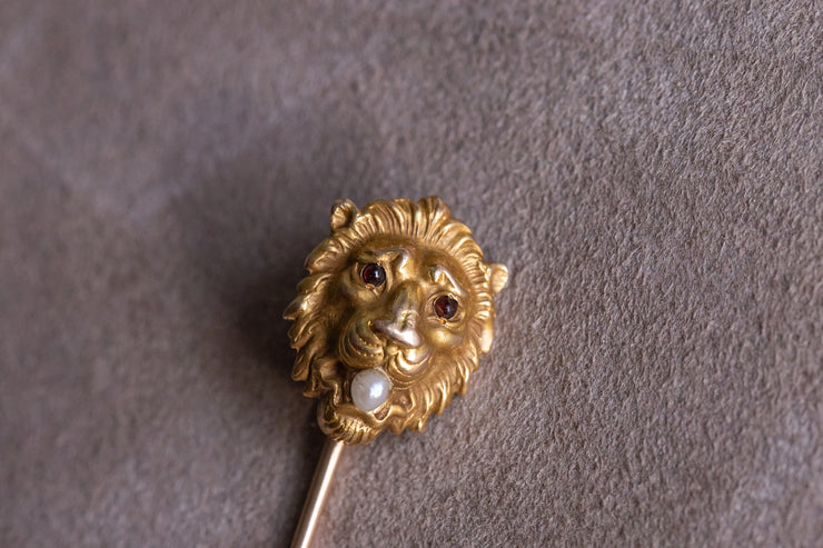 Edwardian 14k 0.10 CTW Pearl & Garnet Lion Stick Pin by Link & Angell