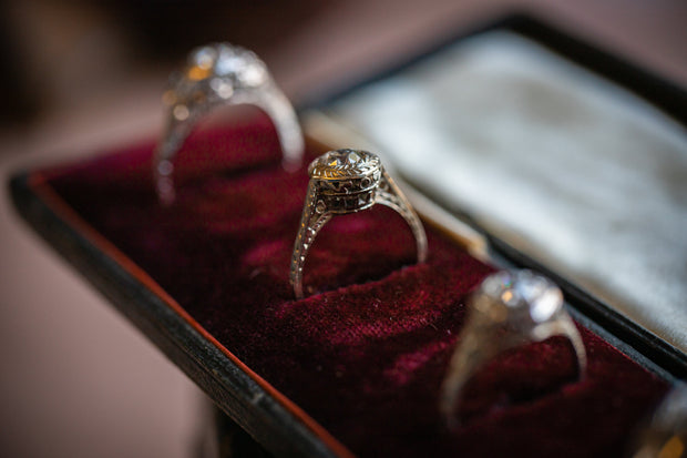 Late Edwardian 14k 0.55 CT Old European Cut Diamond Bezel Set Engagement Ring with Wheat Engravings