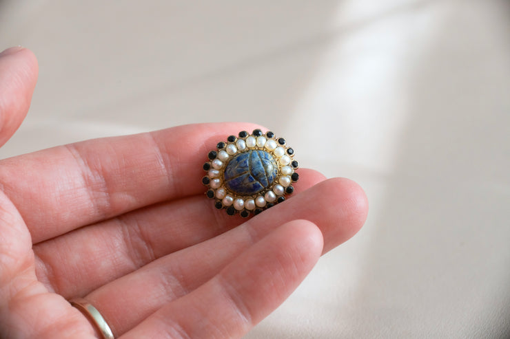 Victorian 12k 5.11 CTW Lapis, Jet & Pearl Scarab Mourning Brooch Engraved "NM April 13, 1849"