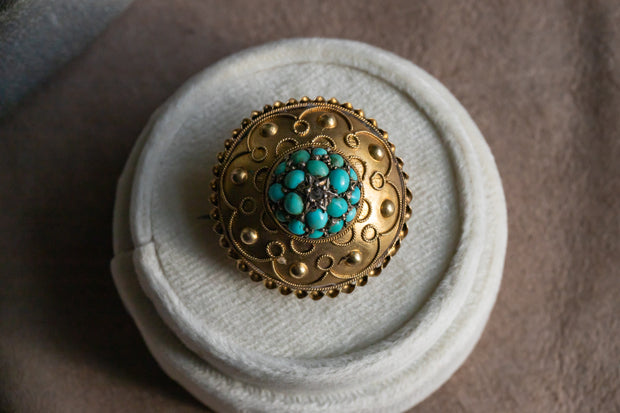 Victorian 15k 6.7g 1.51 CTW Turquoise & Star-Set Rose Cut Diamond Domed Etruscan Revival Locket Pendant Brooch with Hand-Etched "My May" to the Reverse