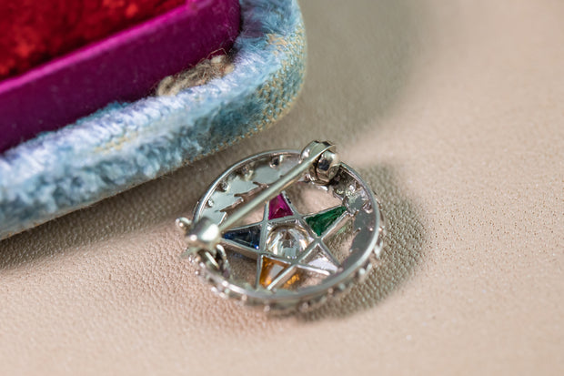 1930s Art Deco Platinum 0.59 CTW Transitional Cut Diamond & Gemstone Order of the Eastern Star Pin