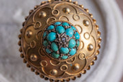 Victorian 15k 6.7g 1.51 CTW Turquoise & Star-Set Rose Cut Diamond Domed Etruscan Revival Locket Pendant Brooch with Hand-Etched "My May" to the Reverse