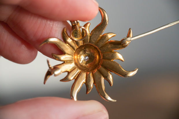Victorian 14k 0.67 CTW Old European Diamond & Seed Pearl Radiating Sun Converter Brooch Pendant by Whitehouse Brothers