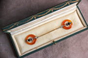 Art Deco 14k 14.72 CTW Hand Carved Carnelian, Rock Crystal & Black Nephrite Jabot Pin with Engraved Two Tone Gold