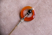 Art Deco 14k 14.72 CTW Hand Carved Carnelian, Rock Crystal & Black Nephrite Jabot Pin with Engraved Two Tone Gold