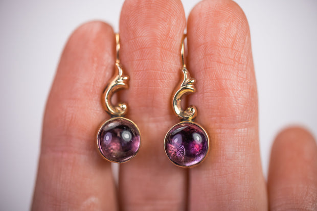 Georgian 9k 5.50 CTW Foiled Amethyst Cabochon Drop Earrings in the Rococo Revival Style