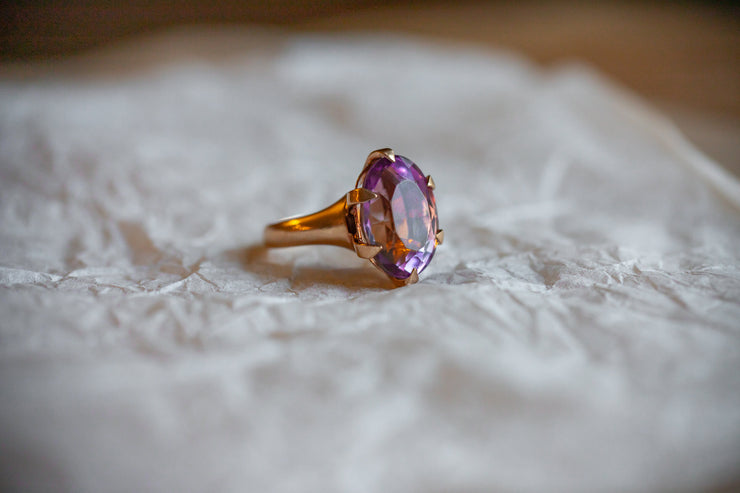 Late Victorian 10k 7.00 CT Rose de France Amethyst Ring with Rose Gold Claw Prong Mount