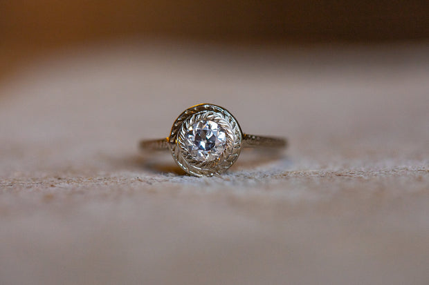 Late Edwardian 14k 0.55 CT Old European Cut Diamond Bezel Set Engagement Ring with Wheat Engravings